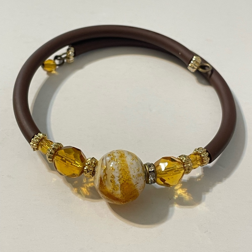 Bracelet Murano Art Glass Silicone Bracelet, Elegant Brown Orange and Gold